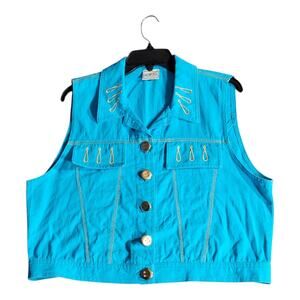 AZM Turquoise Denim Vest‎ Button Front Gold Embroidered Western Boho
Size Medium
